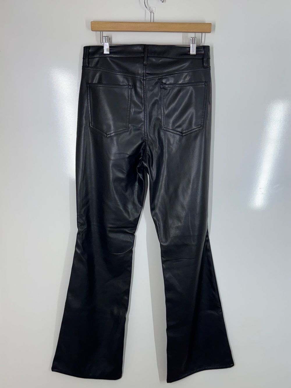 OAT Women High Rise Flare Faux Leather Pants Black Vegan Leather Y2K Retro Chic - Picture 3 of 10